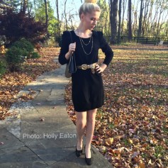 Vintage black frame bag, brocade shoes, belt, & necklace dress up a current Juicy Couture sweater dress.